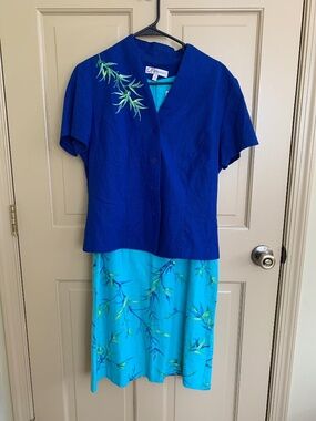 DressBarn Womens Size 10 2 Pc Jacket and Dress Blue and Green Summer Dressy